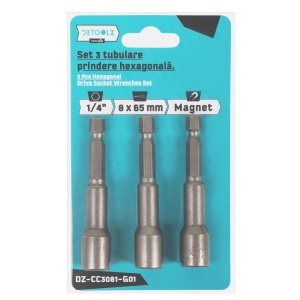 Set of 3 hexagonal socket sockets, 1/4"–8 mm × 65 mm, MAGNET - Img 2