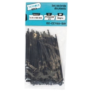 Set 100 bride plastic Detoolz 2.5x100mm, protectie UV, NEGRU