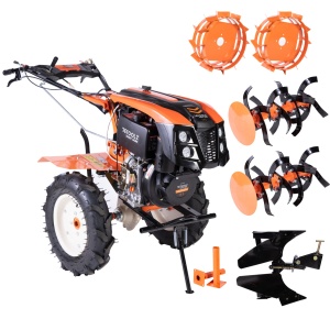 Tiller 10CP, 418CC + large reversible plough + metal wheels