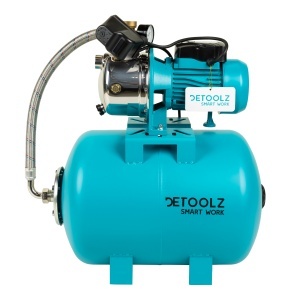 Detoolz 0.9 kW pressure booster, maximum flow rate 3300 l/h, maximum delivery head 45 m, stainless steel pump housing, 50-litre tank