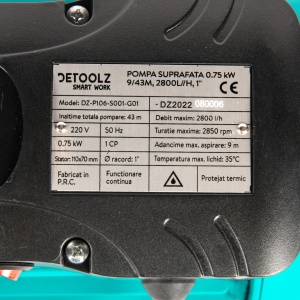 Pompa de suprafata Detoolz, 0.75 kW, debit maxim 2800 l/h, inaltime maxima de pompare 43m, corp pompa fonta - Img 6