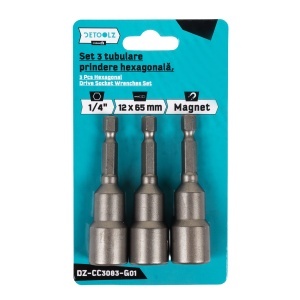 Set 3 tubulare Detoolz, prindere hexagonala 1/4", dimensiuni 12mm * 65mm, magnetice - Img 2