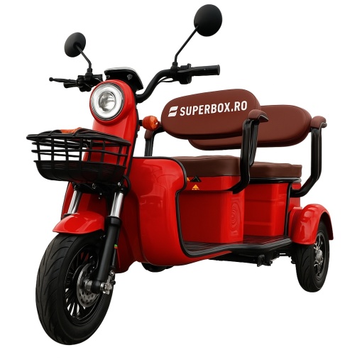Tricicleta electrica, 1800W, 2-3 persoane, Voltarom, SuperBox, SPX3, 25 km/H, Autonomie max. 60km, omologar RAR, ROSU
