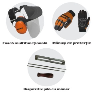 Kit motoferastrau {casca multifunctionala, manusi, dispozitiv pila cu maner}