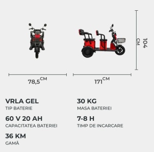 Tricicleta electrica, Voltarom APM5, Rosu, viteza maxima 25 km pe ora, Autonomie pana la 40 km