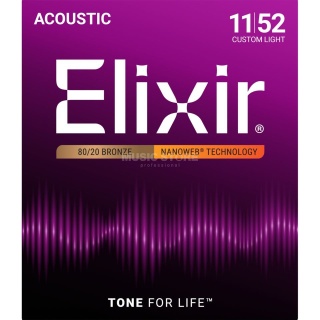 Corzi chitară acustică Elixir 80/20 Bronze Nanoweb 11-52 Custom Light