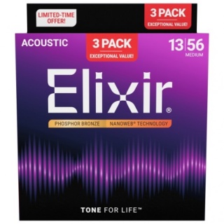 Corzi Chitară Acustică Elixir Nanoweb 16570 Phosphor Bronze Medium 3-Pack – .013-.056, Coating Nanoweb, 6 Corzi, SUA