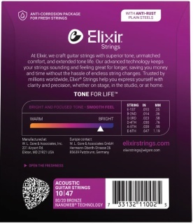 Corzi chitară acustică Elixir 80/20 Bronze Nanoweb 10-47 Extra Light - Img 2