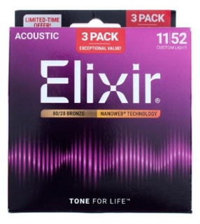Corzi Chitară Acustică Elixir Nanoweb 16564 80/20 Bronze Custom Light 3-Pack – .011-.052, Coating Nanoweb, 6 Corzi, SUA