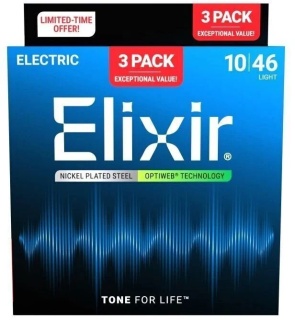 Corzi Chitară Electrică Elixir Optiweb 16572 Light 3-Pack – Nickel Plated Steel, Coating Optiweb, Round Wound, .010-.046, 6 Corzi, SUA