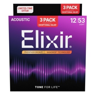 Corzi Chitară Acustică Elixir Nanoweb 16569 Phosphor Bronze Light 3-Pack – .012-.053, Coating Nanoweb, 6 Corzi, SUA