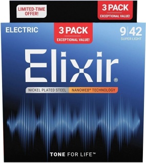 Corzi Chitară Electrică Elixir Nanoweb 16566 Super Light 3-Pack – Nickel Plated Steel, Coating Nanoweb, Round Wound, .009-.042, 6 Corzi, SUA