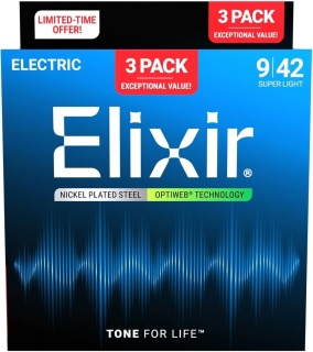 Corzi Chitară Electrică Elixir Optiweb 16550 Super Light 3-Pack – Nickel Plated Steel, Coating Optiweb, 6 Corzi, .009-.042, Set 3 Bucăți