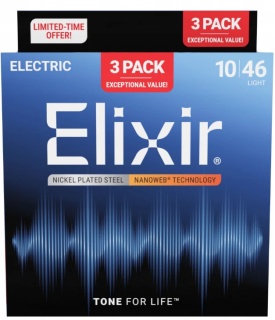Corzi Chitară Electrică Elixir Nanoweb 16567 Light 3-Pack – Nickel Plated Steel, Coating Nanoweb, Round Wound, .010-.046, 6 Corzi, SUA