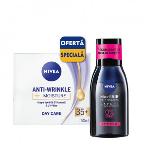 Pachet Nivea: crema de zi Anti-Wrinkle Moisture 35+, 50 ml + apa micelara MicellAir