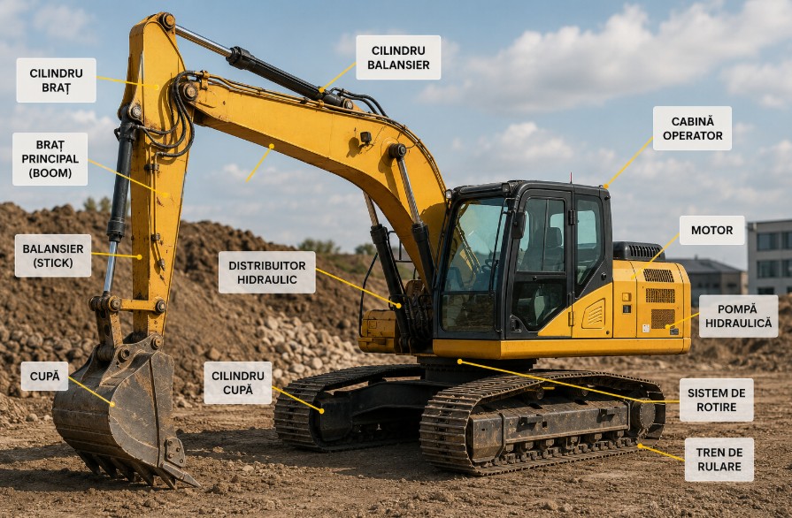 Cum funcționează un excavator – componente principale și rolul fiecăreia