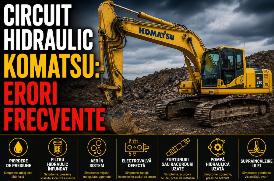 Sistem hidraulic Komatsu – erori frecvente, cauze și verificări