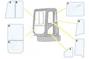 Geam original pentru mini excavator Kubota U45-3 / U45-3a, fata (A)