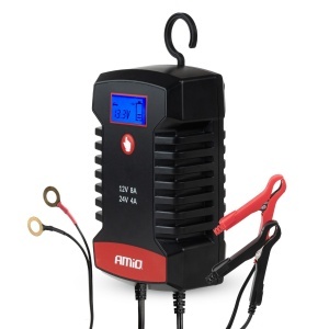 Încărcător baterie digital 12V/24V 8A AMIO PRO HOOK – Redresor baterii AGM, GEL, STD și LiFePO4