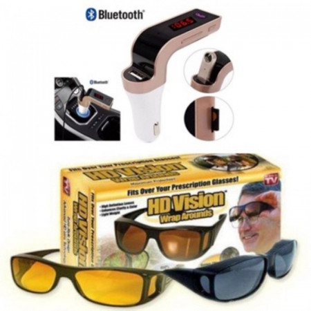 Kit auto bluetooth modulator FM, USB + set 2 perechi ochelari
