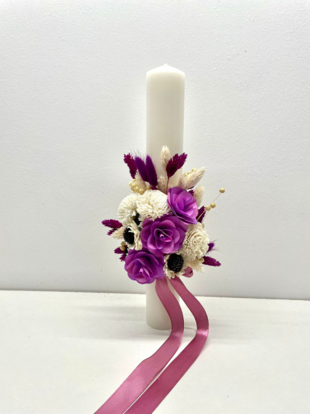 Lumanare handmade botez sau nunta, flori naturale uscate, cod L21