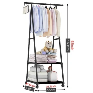 Organizator pentru haine triunghiular multifuncțional, cu roți, stand liber, 160 cm – negru