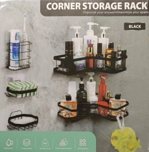 Organizator baie pentru colț, din oțel carbon, fără găurire – set 5 piese, negru