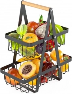 Organizator de fructe cu 2 etaje, metalic, decorativ, cu mâner din lemn, negru