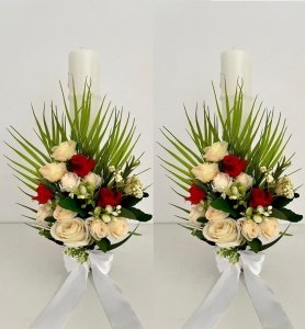 Set 2 lumanari de nunta cu flori artificiale cu petale de matase, cod SL33