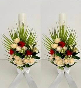 Set 2 lumanari de nunta cu flori artificiale cu petale de matase, cod SL33