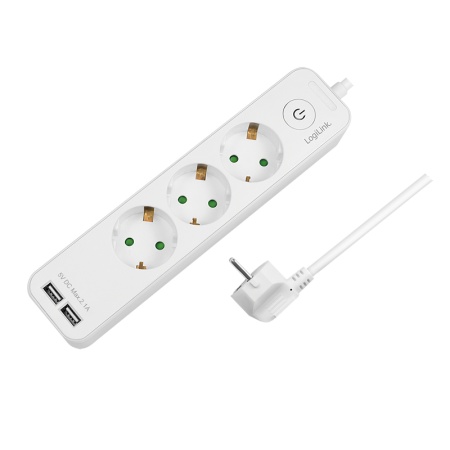 Logilink produžni kabl 3 mesta, 2 USB, prekidač, 1.5m, beli