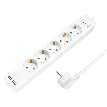 Logilink produžni kabl 5 mesta, 2 USB, prekidač, 1.5m, beli