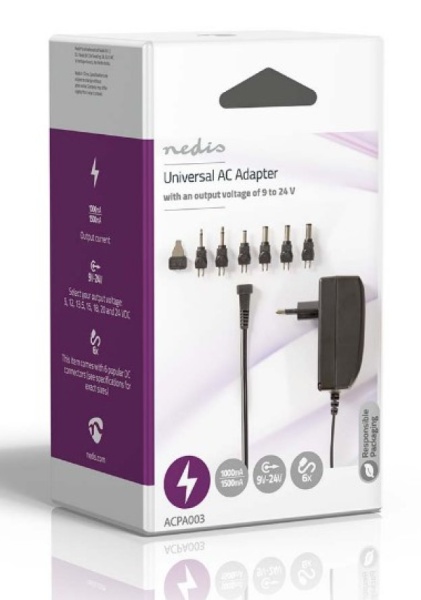 ACPA003 Universal AC Power Adapter 24W, 9-24V DC 1.80m 1.0-1.5A 6plug(s) Black
