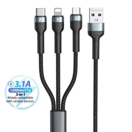 DATA kabl Jany (Micro+TipC+Iphone) 3.1A RC-124th crni 1.2m, REMAX