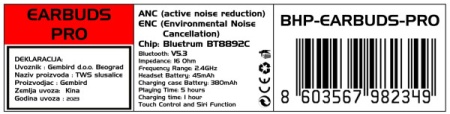 BHP-EARBUDS-PRO*(ANC) Gembird bluetooth V5.3, 16ohm, 45/380mAh slusalice, ANC/ENC noise r.Touch(1539