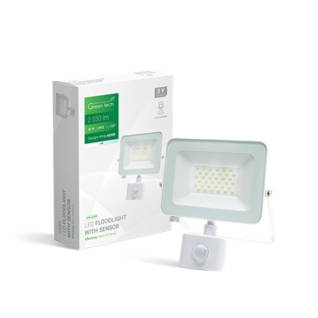 LED REFLEKTOR SA SENZOROM 30W 6500K 2550lm IP65 BELI GREEN TECH