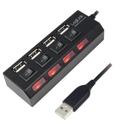 Logilink USB 2.0 HUB, 4-port, On/Off, crni sa napajanjem