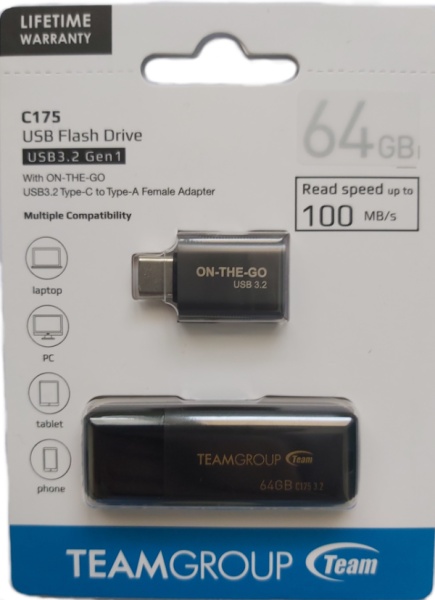 TeamGroup 64GB C175 USB 3.2 BLACK with Type C adapter TC175364GB26 FO