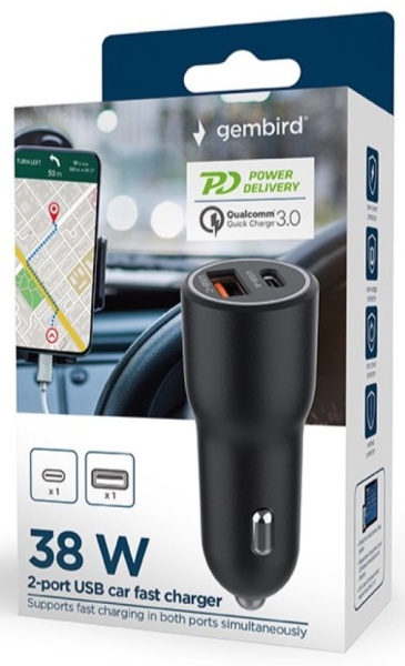 TA-UC-AC2PDQC38-CAR-01 Gembird 2-port USB brzi punjac za auto, Type-C PD, 38W, black