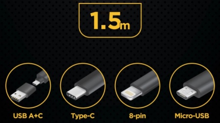 CC-USB2S-ACM31-1.5M Gembird Premium silicon 4-in-1 USB charging cable, 8-pin, Type-C i MicroUSB 1.5m