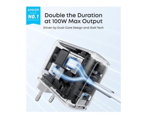 ANKER 100W GaN zidni brzi punjač, 3-porta (2x USB-C i 1x USB-A) sa USB-C M/M pletenim kablom, tamno sivi