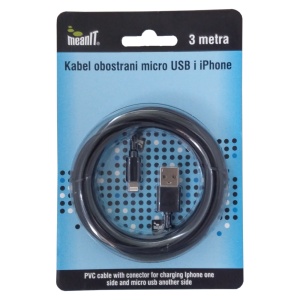 MeanIT USB kabl sa micro USB i iPhone priključkom, 3 met - KABEL MICROUSB / iPHONE - Img 1