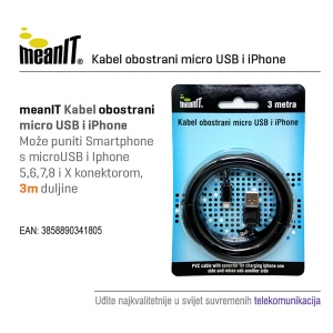 MeanIT USB kabl sa micro USB i iPhone priključkom, 3 met - KABEL MICROUSB / iPHONE - Img 2