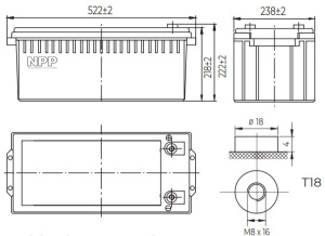 NPP NPG12V-200Ah, GEL BATTERY, C20=200AH, T16, 522x238x218x222, 52,8KG, Light grey - Img 3