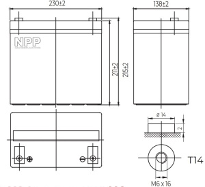 NPP NPG12V-55Ah, GEL BATTERY, C20=55AH, T14, 230*138*208*212, 15KG, Light grey - Img 2