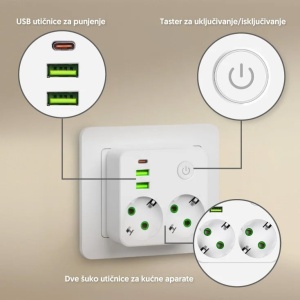 Strujni razdelnik 2 utič. + prekidač, 2xUSB+tip C - Img 2