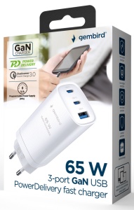 TA-UC-PDQC65-01-W Gembird 3-port 65W GaN USB PowerDelivery fast charger, white - Img 3