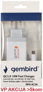 NPA-AC36 ** Gembird QC3.0 brzi punjac +Type C USB kabl,18W 3.6-6.5V/3A, 6.5V-9V/2A, 9V-12V/1.5A(351) - Img 1