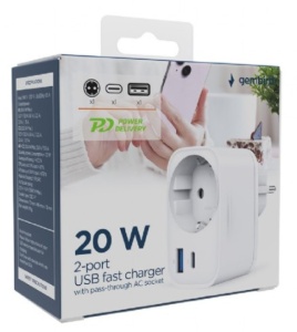 TA-ACPDQC20-01-W Gembird 20W 2-port USB brzi punjac sa pass-through AC socket-om, white - Img 2