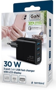 TA-UC-PDQC30LCD-BK-02 Gembird GaN USB brzi punjac, 30W 3-port (2xUSB-A+ USB-C), LCD, black - Img 1